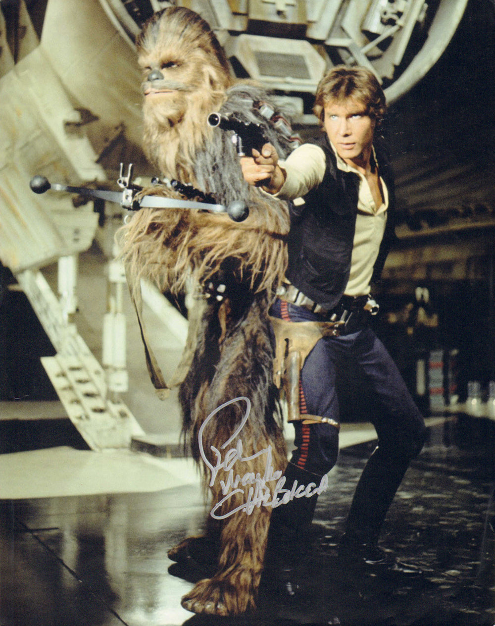 Peter Mayhew as Chewbacca with Han Solo in Star Wars: A New Hope Signed 11x14 Photo with Character Name