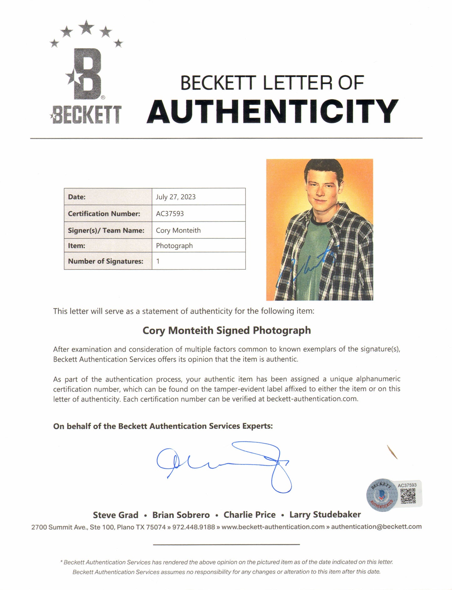 
                  
                    Cory Monteith as Finn Hudson in Glee (Beckett) Signed 8x10 Photo
                  
                