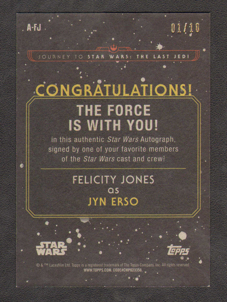 
                  
                    Felicity Jones as Jyn Erso in Rogue One: A Star Wars Story Signed Topps Trading Card #1
                  
                