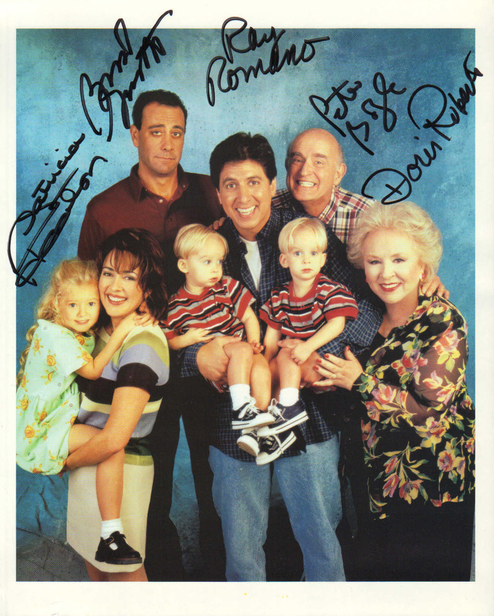 Everybody Loves Raymond 8x10 Photo Cast Signed by Ray Romano, Patricia Heaton, Brad Garrett, Doris Roberts, and Peter Boyle