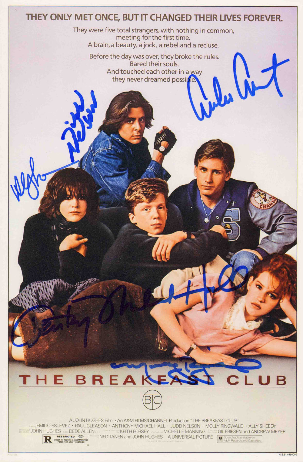 The Breakfast Club (JSA) 8x12 Mini Poster Cast Signed by Molly Ringwald, Ally Sheedy, Judd Nelson, Emilio Estevez, & Anthony Michael Hall