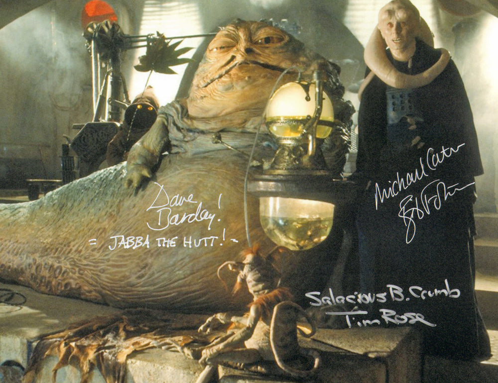 Dave Barclay as Jabba The Hutt, Michael Carter as Bib Fortuna, & Tim Rose as Salacious B. Crumb Star Wars: Return of the Jedi Jabba's Palace Signed 11x14 Photo with Character Names