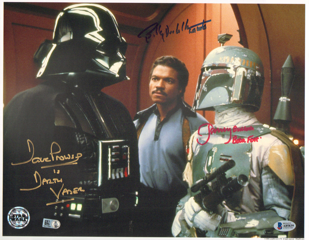 Dave Prowse as Darth Vader, Jeremy Bulloch as Boba Fett, & Billy Dee Williams as Lando in Star Wars: The Empire Strikes Back (Beckett / Official Pix) Signed 11x14 Photo with Character Names