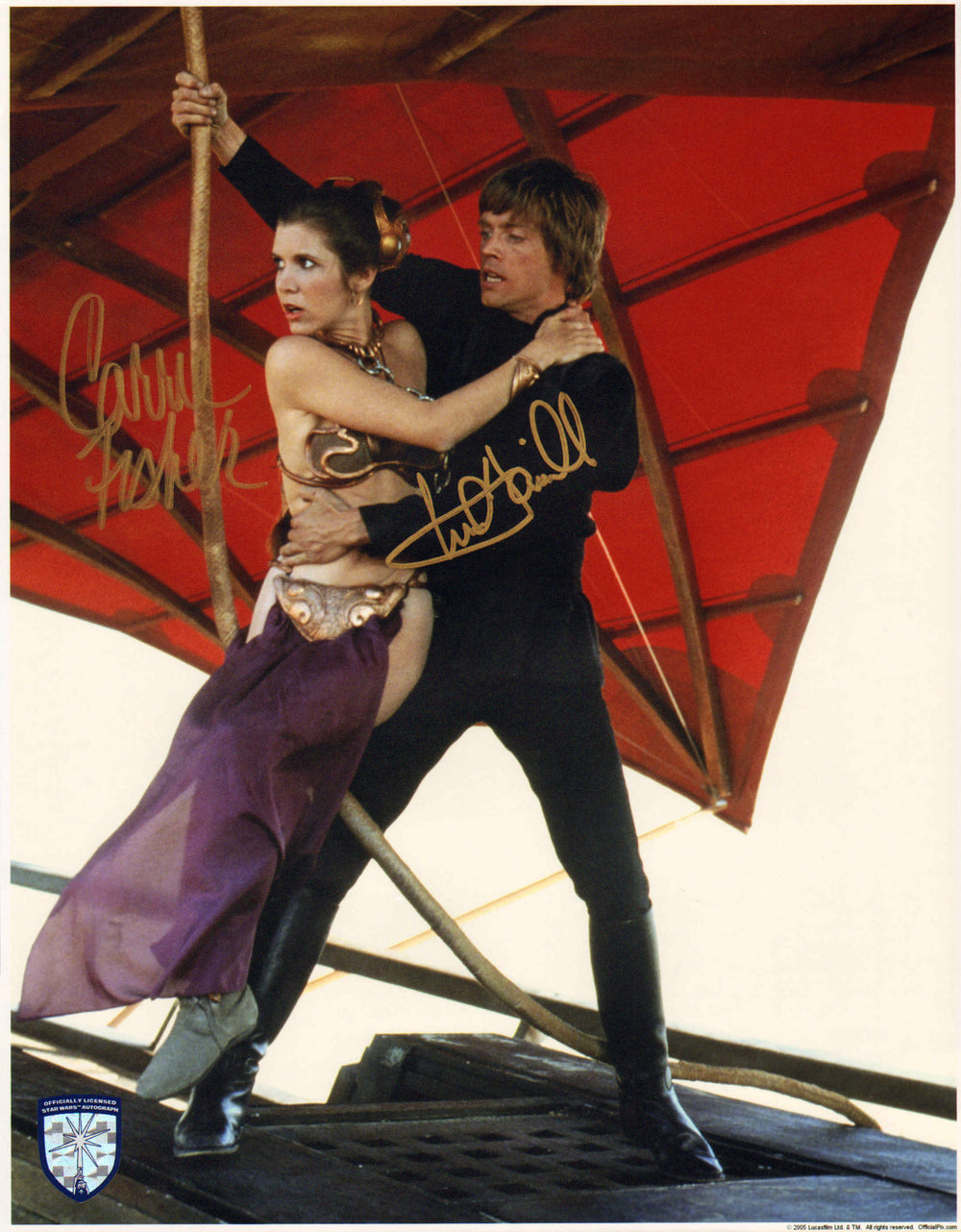 Carrie Fisher as Slave Princess Leia & Mark Hamill as Luke Skywalker in Star Wars: Return of the Jedi (Official Pix Lightsaber Shield) Signed 11x14 Photo