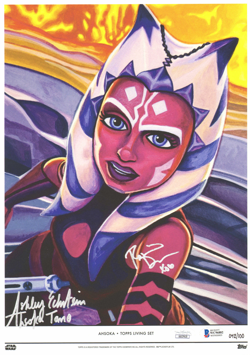 Rosario Dawson & Ashley Eckstein as Ahsoka Tano in Star Wars: The Clone Wars (JSA / Beckett) Signed 10x14 Topps Living Set Art Print #42/100 with Character Name