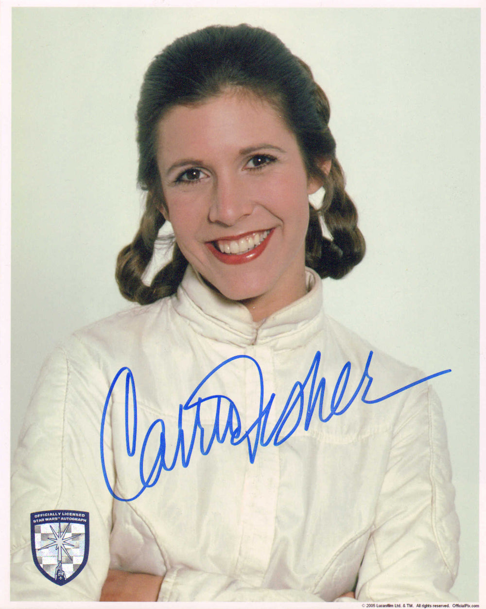 Carrie Fisher as Princess Leia in Star Wars: The Empire Strikes Back (Offical Pix Lightsaber Shield) Signed 8x10 Photo