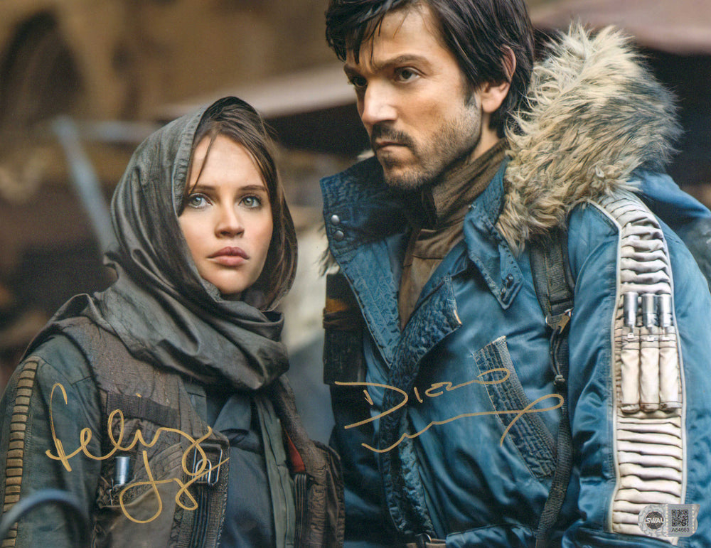 Diego Luna as Cassian Andor & Felicity Jones as Jyn Erso in Rogue One: A Star Wars Story (SWAU) Signed 11x14 Photo