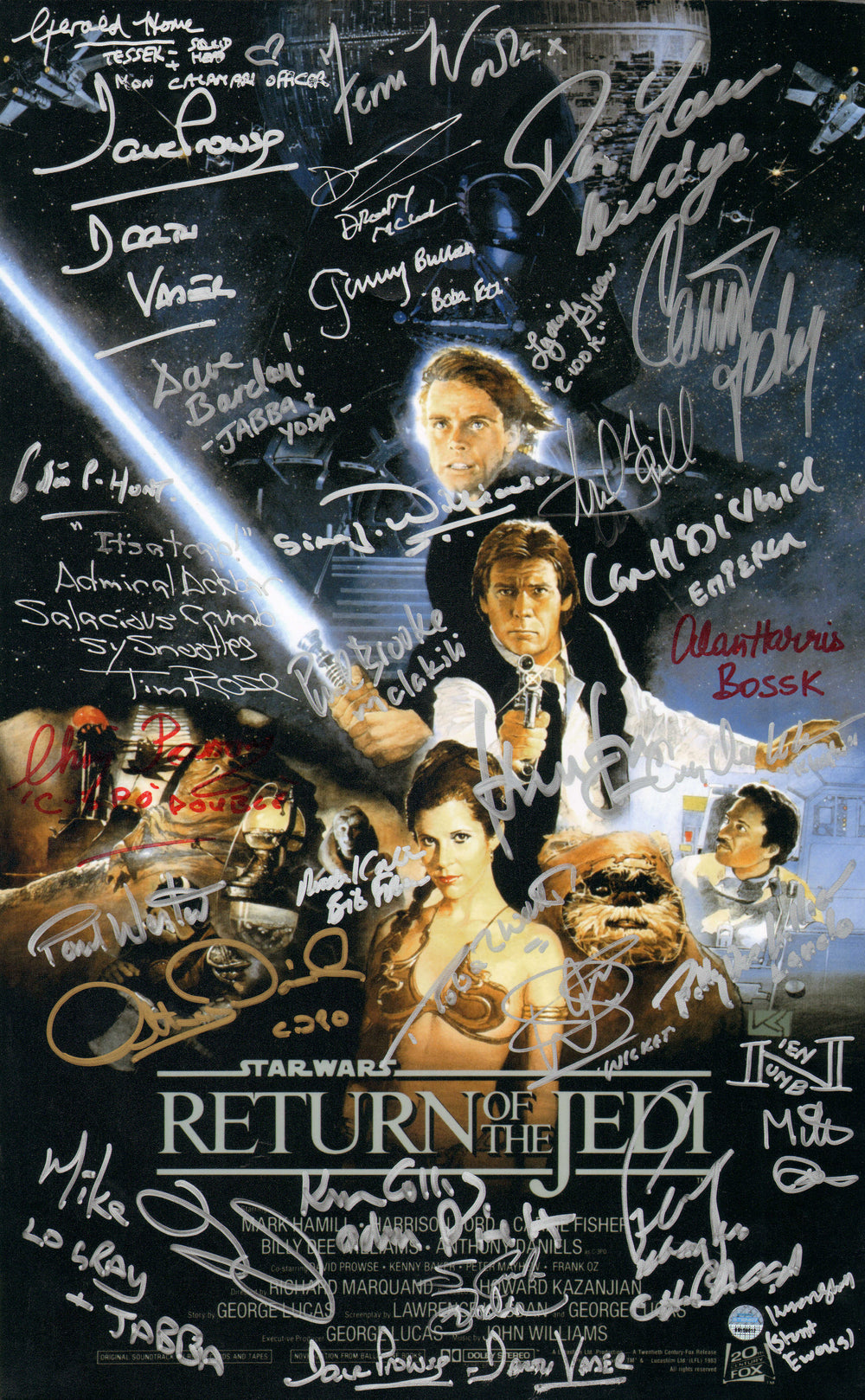 Star Wars: Return of the Jedi 10x16 Mini Poster (Beckett Witnessed / Steiner / Topps Authentics) Cast Signed by Harrison Ford, Carrie Fisher, Mark Hamill, Peter Mayhew, Anthony Daniels, Dave Prowse, Jeremy Bulloch, Ian McDiarmid, & More