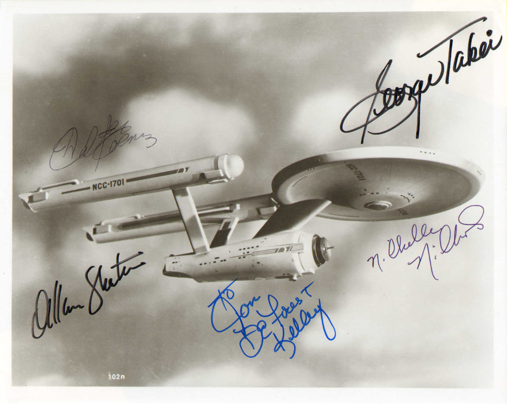 Star Trek: The Original Series Enterprise 8x10 Photo Cast Signed by William Shatner, Deforest Kelley, Nichelle Nichols, Walter Koenig, & George Takei