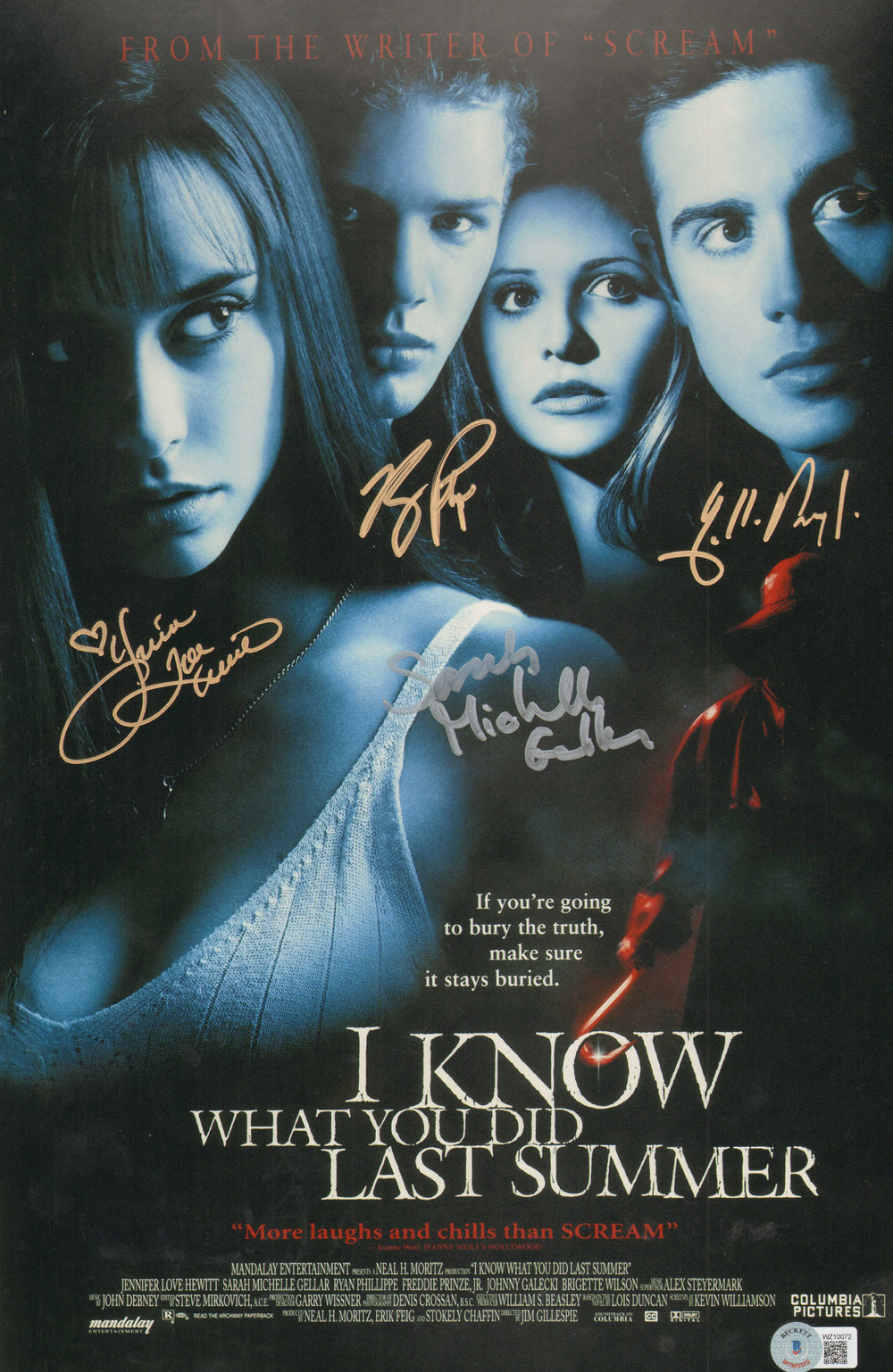 I Know What You Did Last Summer (Beckett)  11x17 Mini Poster Cast Signed by Jennifer Love Hewitt, Sarah Michelle Gellar, Ryan Phillippe, & Freddie Prinze Jr.
