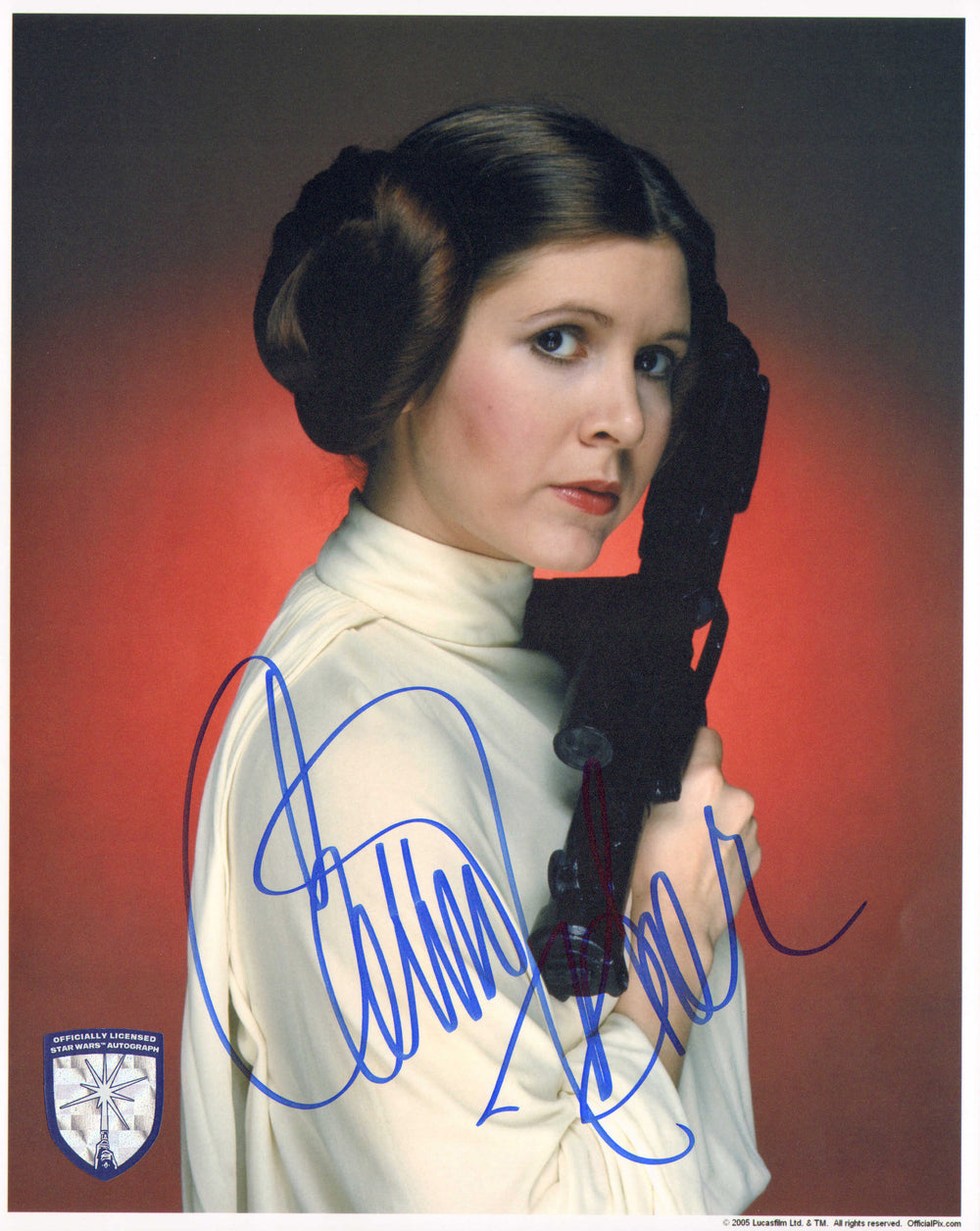 Carrie Fisher as Princess Leia in Star Wars: A New Hope (Official Pix Lightsaber Shield) Signed 8x10 Photo