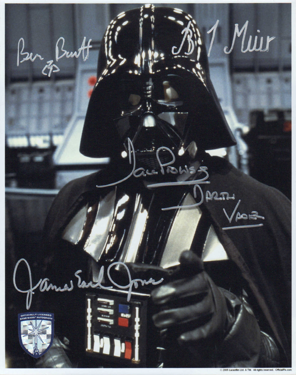 James Earl Jones, Dave Prowse, Brian Muir, and Ben Burtt as Darth Vader in Star Wars: Return of the Jedi (Official Pix Lightsaber Shield) Signed 8x10 Photo