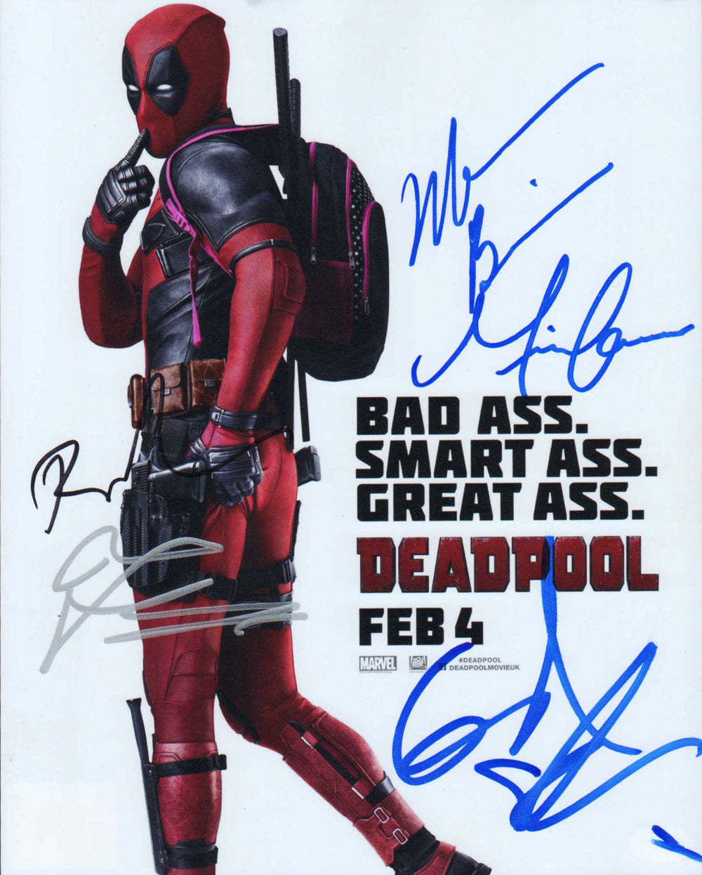 Deadpool (K9 and Official Pix) 8x10 Photo Cast Signed by Ryan Reynolds, Gina Carano, Morena Baccarin, T.J. Miller, and Ed Skrein