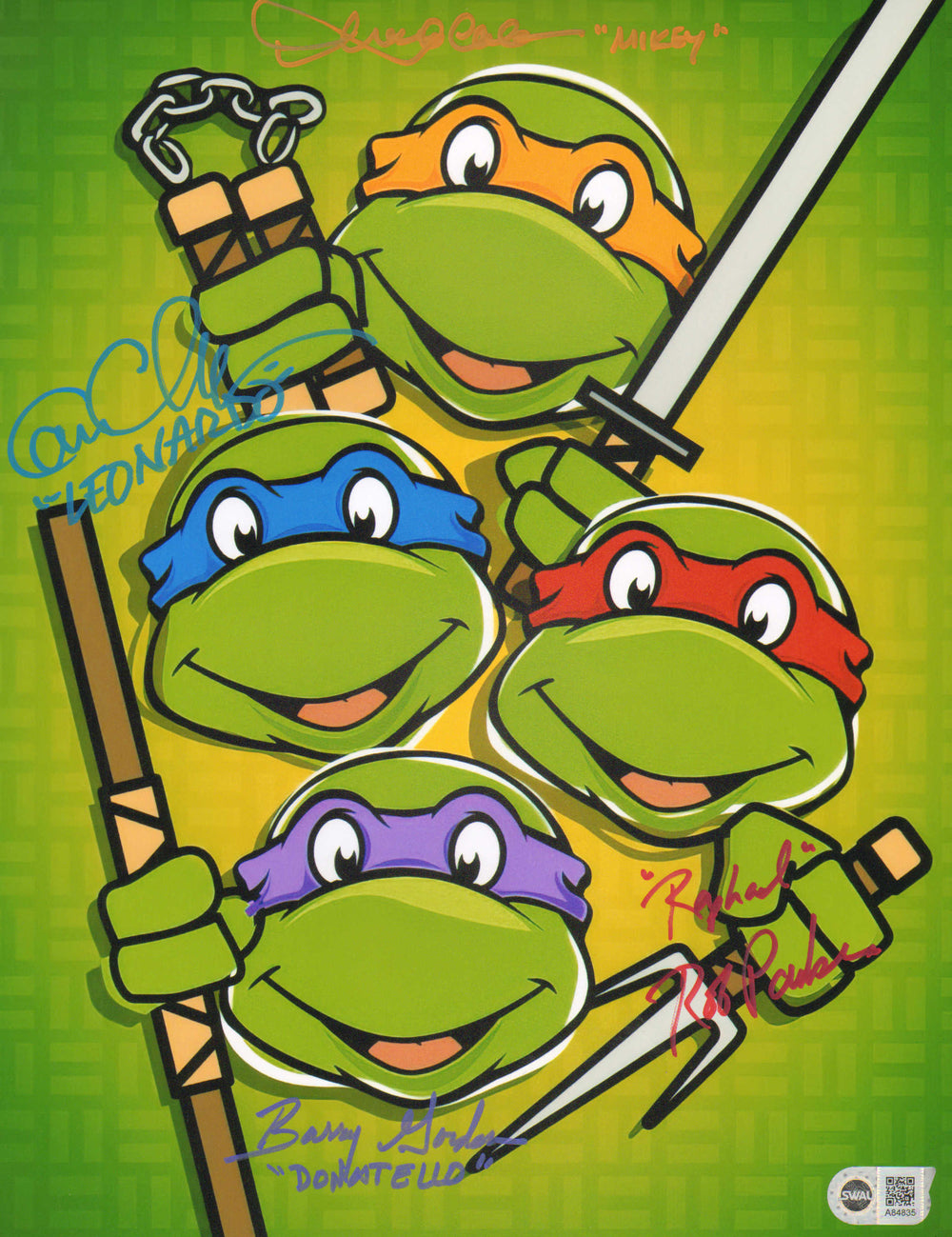 Cam Clarke as Leonardo, Barry Gordon as Donatello, Townsend Coleman as Mikey & Rob Paulsen as Raphael  Teenage Mutant Ninja Turtles The Animated Series (SWAU) Signed 11x14 Mini Poster with Characters Name