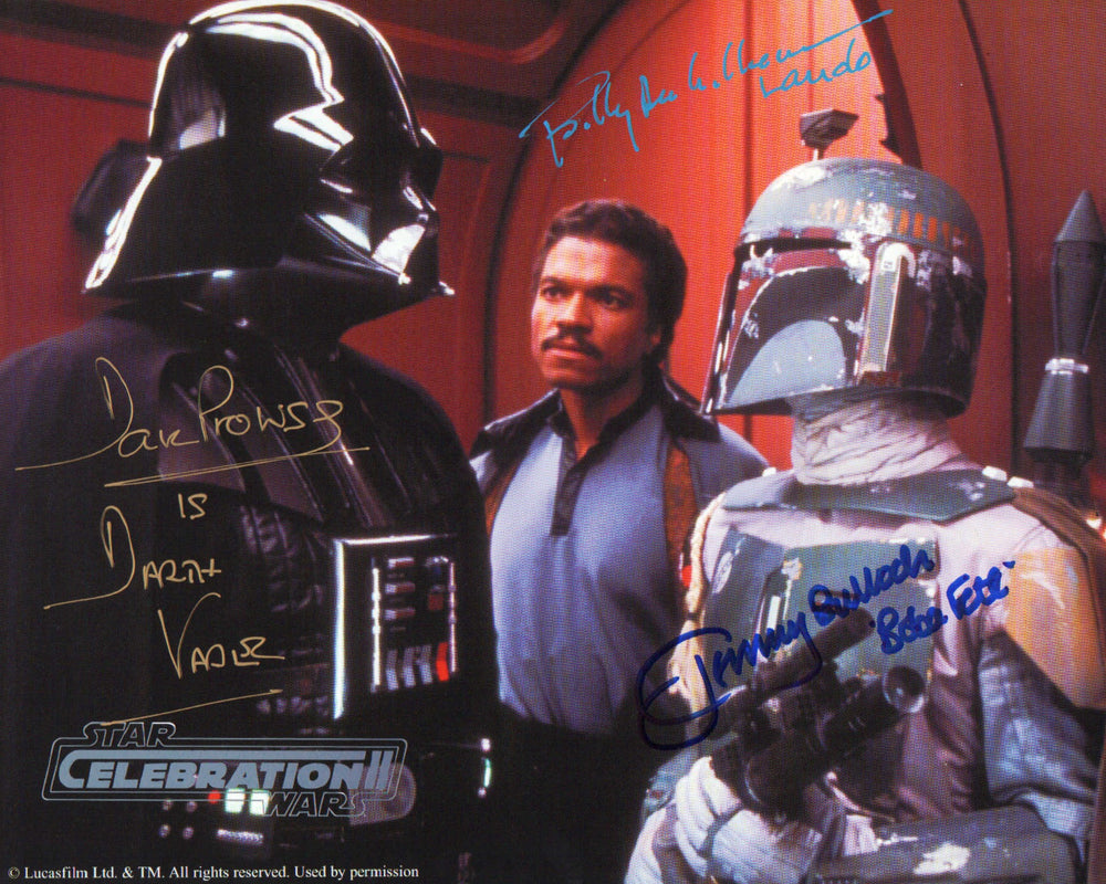 Dave Prowse as Darth Vader, Billy Dee Williams as Lando, & Jeremy Bulloch as Boba Fett in Star Wars: The Empire Strikes Back (Official Pix Celebration II) Signed 8x10 Photo with Character Names