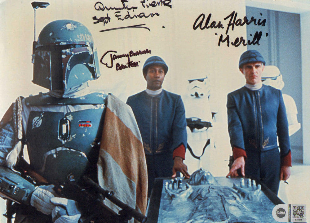 Jeremy Bulloch as Boba Fett and Alan Harris & Quentin Pierre as Bespin Security Guards in Star Wars: The Empire Strikes Back (SWAU) Signed 8x11 Photo with Chatacter Names