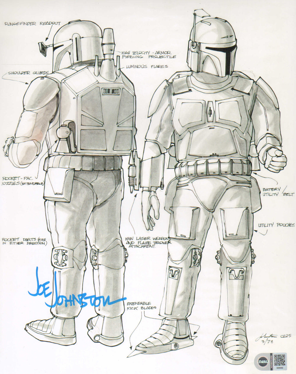Joe Johnston Creator of Boba Fett White Prototype Costume Armor Design from Star Wars: The Empire Strikes Back (SWAU) Signed 11x14 Photo