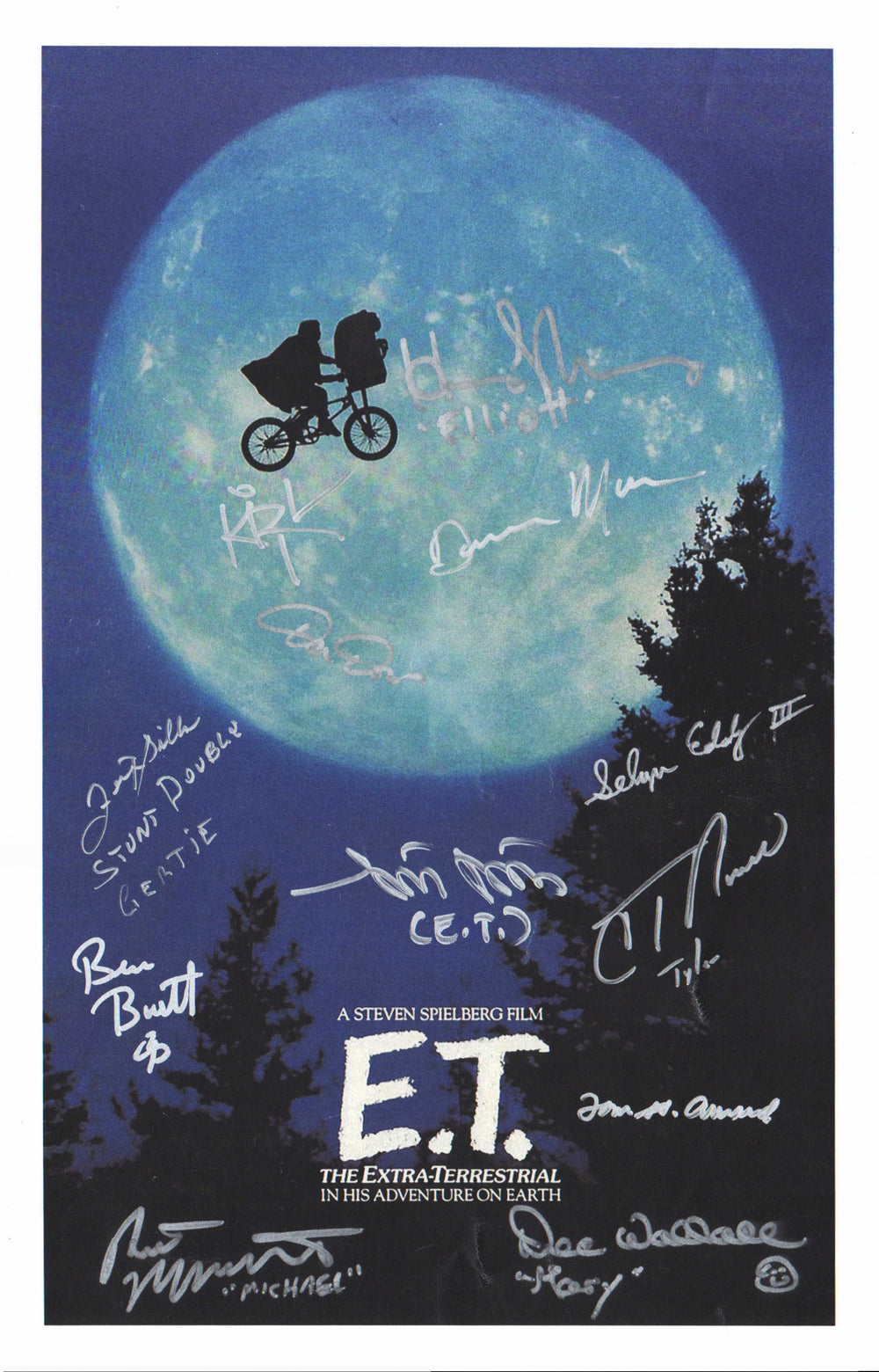 E.T. the Extra-Terrestrial 11x17 Photo Cast Signed by Henry Thomas, Dee Wallace, Robert Macnaughton, Kirk Thatcher, Felix Silla, C. Thompson Howell, Selwyn Eddy, Don Dow, Ben Burtt, Tom St Amand, & Dennis Muren