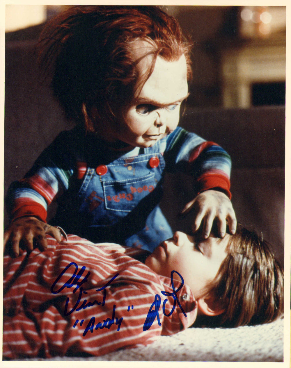 Brad Dourif as Chucky & Alex Vincent as Andy from Child's Play Signed 8x10 Photo with Quote