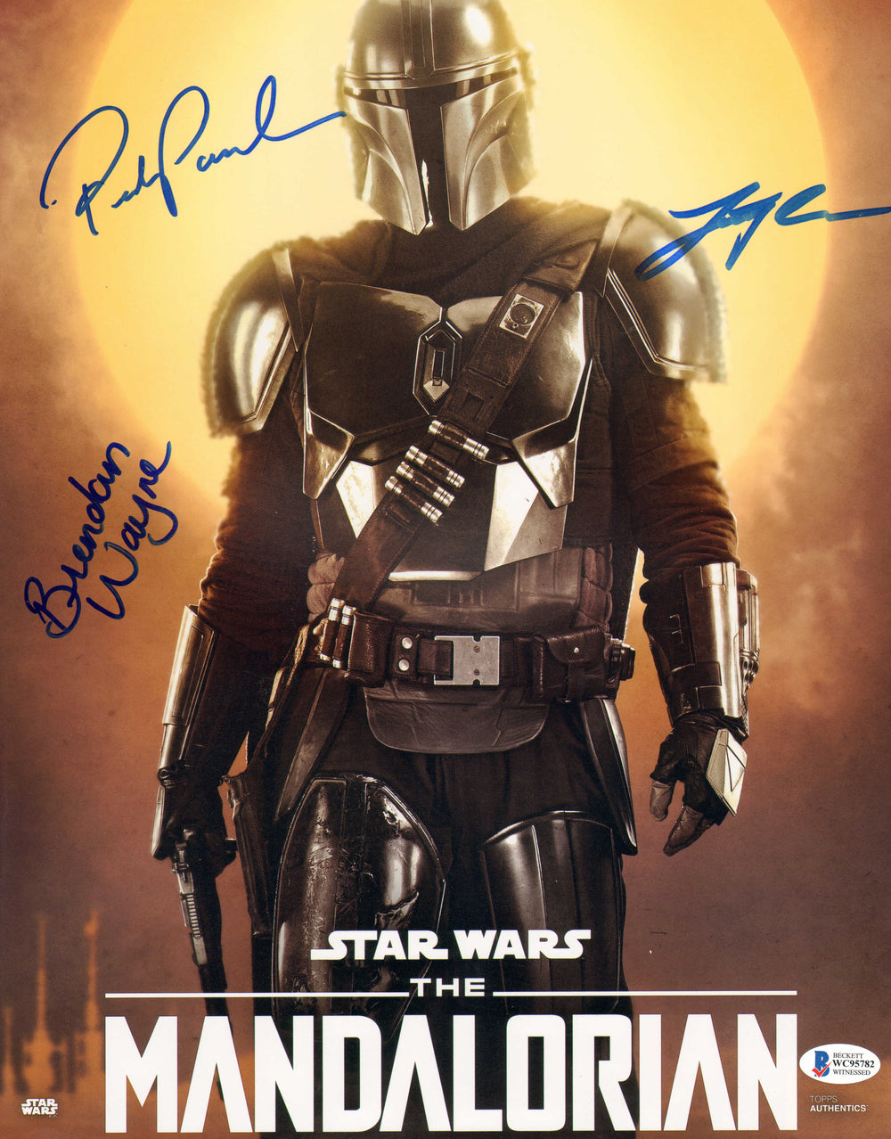 Pedro Pascal, Brendan Wayne, & Lateef Crowder as The Mandalorian in Star Wars: The Mandalorian (Beckett Witnessed) Signed 11x14 Photo