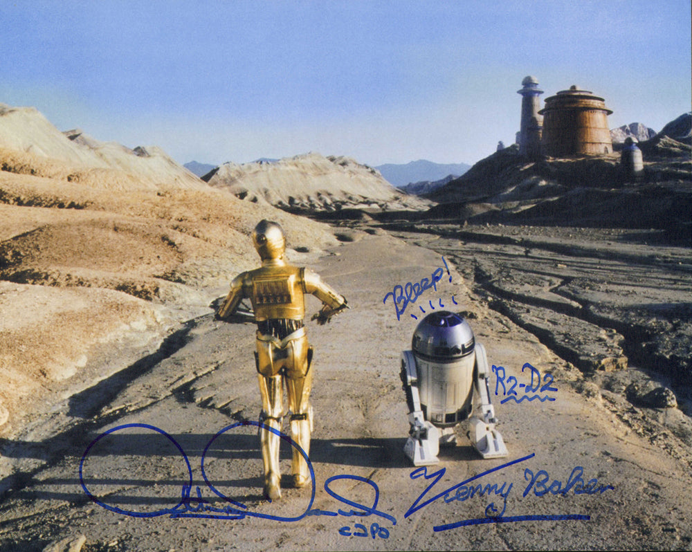 Anthony Daniels as C-3PO & Kenny Baker as R2-D2 in Star Wars: Return of the Jedi Signed 8x10 Photo with Character Names & Quote