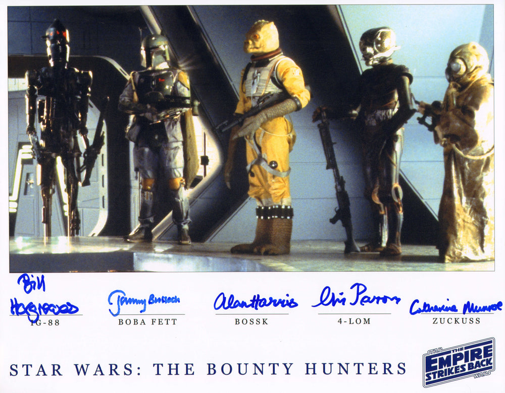 Star Wars: The Empire Strikes Back (Beckett) 11x14 Photo Signed by Bounty Hunters: Jeremy Bulloch, Bill Hargreaves, Alan Harris, Chris Parsons, & Catherine Monroe