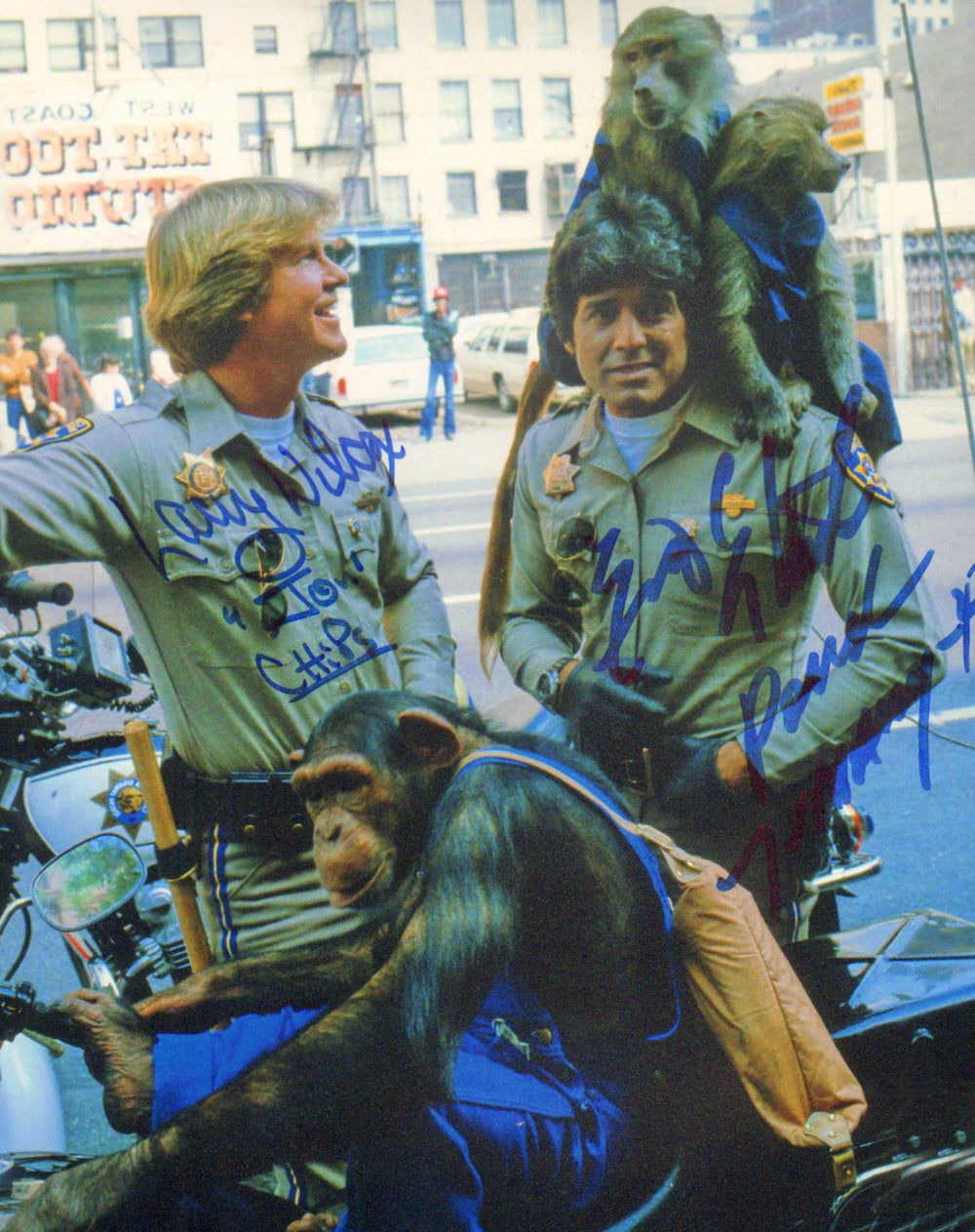 Erik Estrada as Officer Frank Poncherello & Larry Wilcox as Officer Jon Baker in CHiPs Signed 8x10 Photo