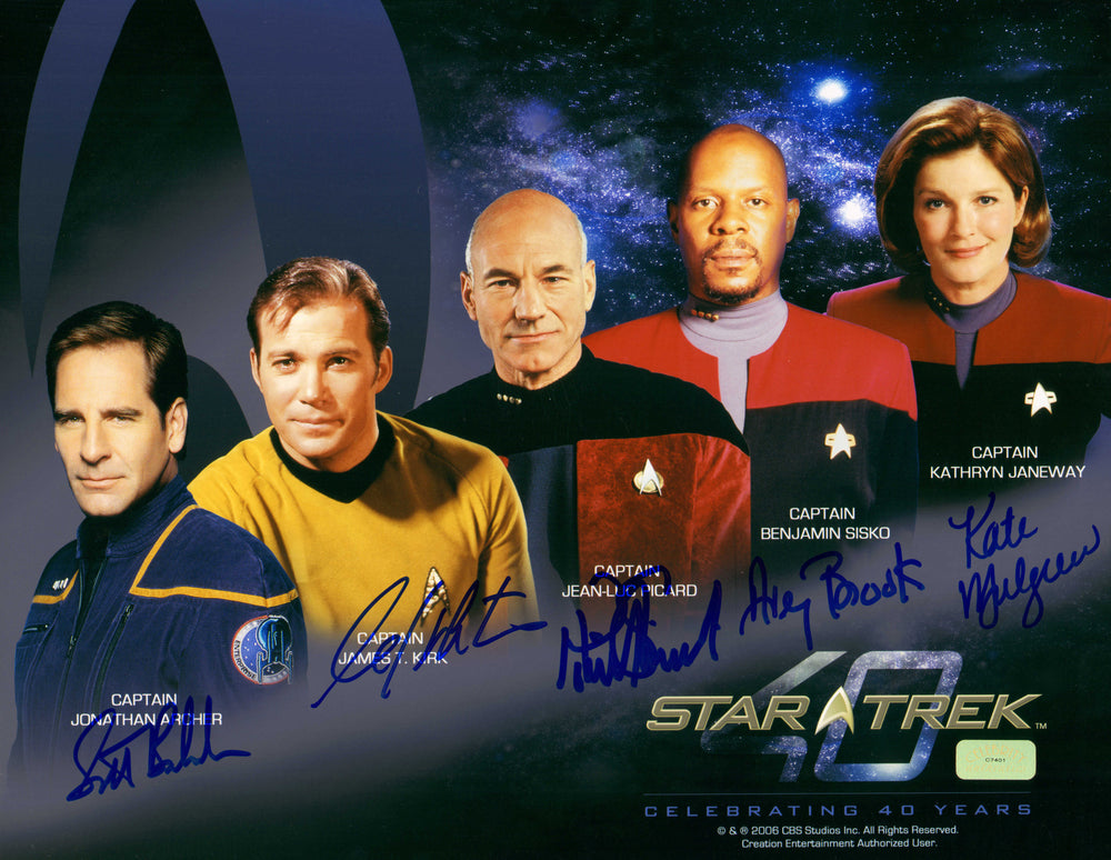Star Trek 11x14 Photo (Celebrity Authentics) Cast Signed by Scott Bakula, William Shatner, Patrick Stewart, Avery Brooks, & Kate Mulgrew