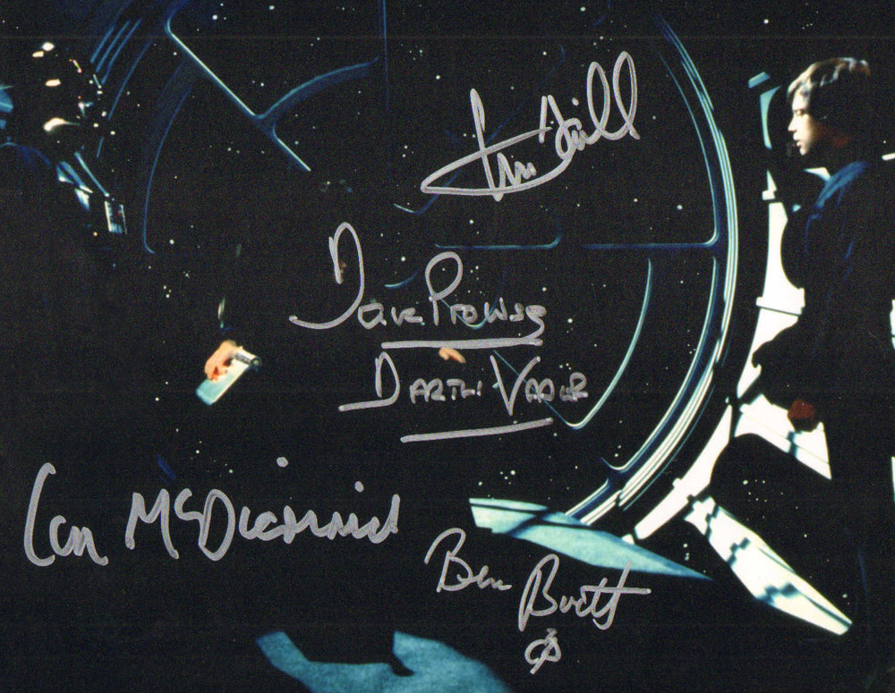Mark Hamill as Luke Skywalker, Dave Prowse as Darth Vader, & Ian McDiarmid as The Emperor with Sound Designer Ben Burtt in Star Wars: Return of the Jedi (Beckett) Signed 8x10 Photo
