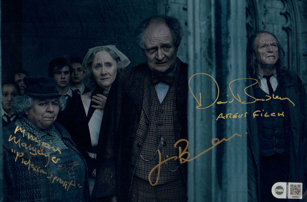 Jim Brodbent as Professor Slughorn, Mirian Margolyes as Professor Sprout, & David Bradley as Argus Filch in Harry Potter & The Deathly Hallows Part 2 (SWAU) Signed 8x12 Photo with Character Names