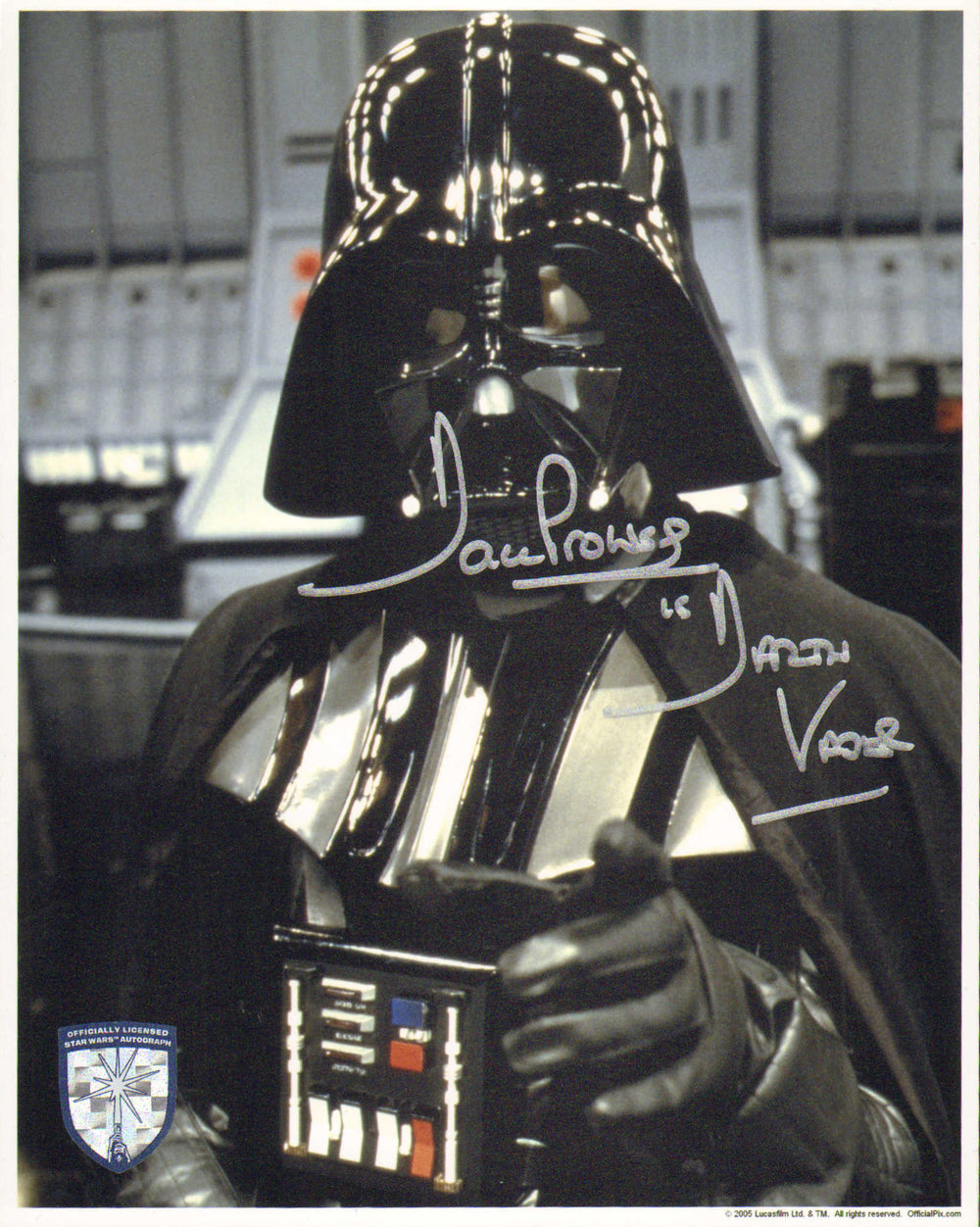 Dave Prowse as Darth Vader in Star Wars: The Empire Strikes Back (Official Pix Lightsaber Shield) Signed 8x10 Photo with Character Name