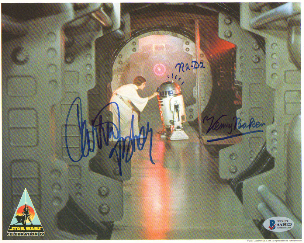 Carrie Fisher as Princess Leia & Kenny Baker as R2-D2 in Star Wars: A New Hope (Offical Pix Celebration/Beckett) Signed 8x10 Photo with Character Name