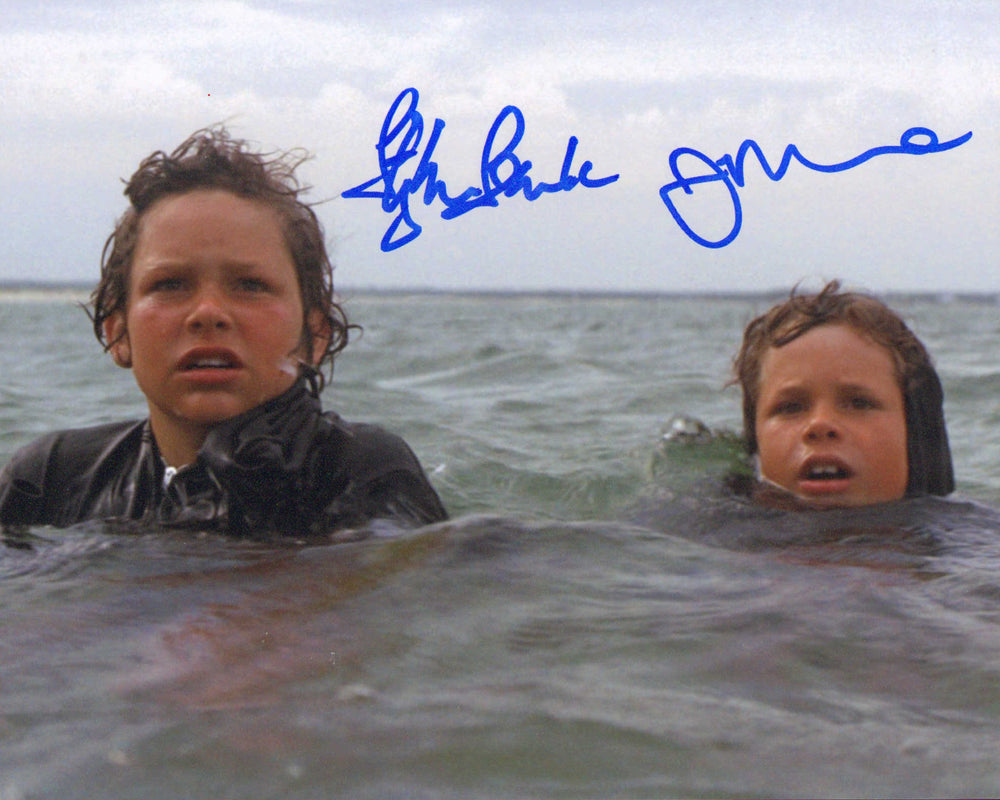 Jonathan & Stephen Searle as the kids with Cardboard Shark Fin in Jaws Signed 8x10 Photo
