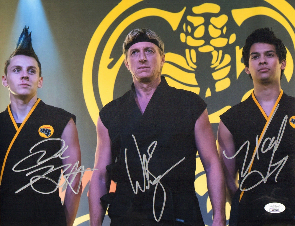 William Zabka as Johnny Lawrence, Xolo Maridueña as Miguel Diaz, & Jacob Bertrand as Eli Moskowitz in Cobra Kai (JSA) Signed 11x14 Photo
