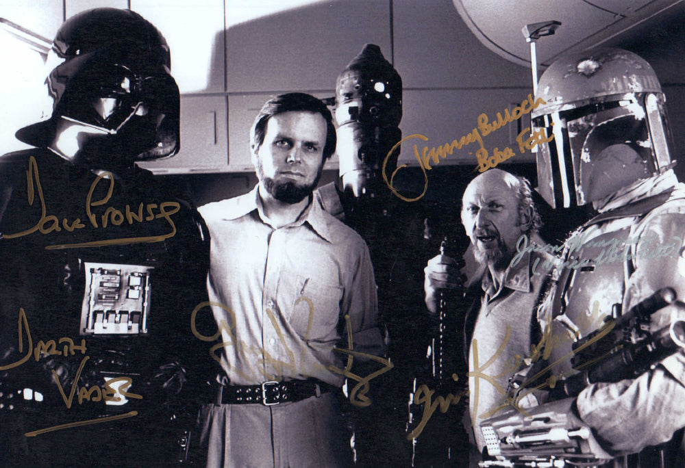 Darth Vader & Bounty Hunters Behind the Scenes of Star Wars: The Empire Strikes Back 8x11 Photo Signed by Irvin Kershner, Gary Kurtz, Dave Prowse, Jeremy Bulloch, & Jason Wingreen