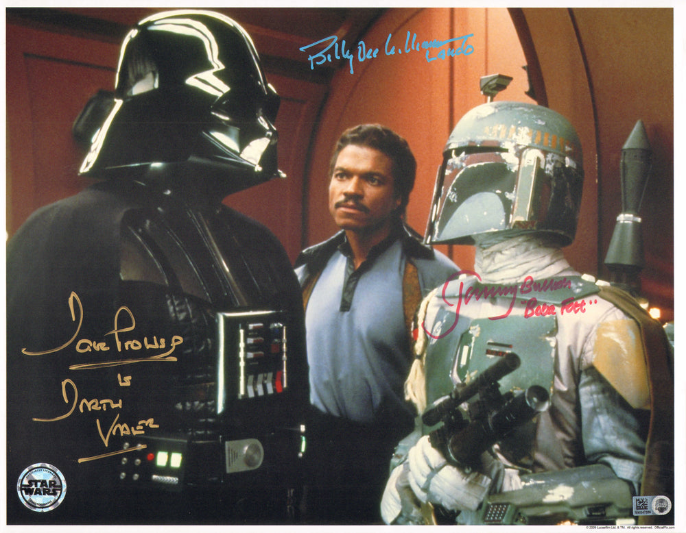 Dave Prowse as Darth Vader, Jeremy Bulloch as Boba Fett, & Billy Dee Williams as Lando in Star Wars: The Empire Strikes Back (Official Pix) Signed 11x14 Photo with Character Names