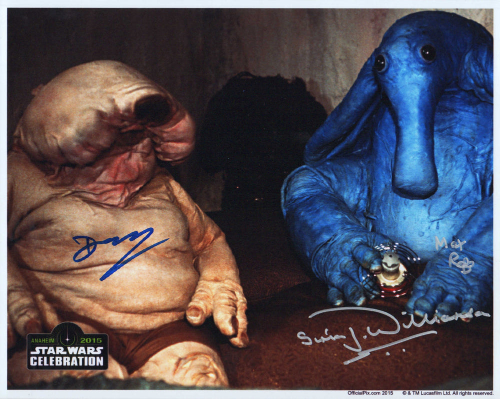 Deep Roy as Droopy McCool and Simon Williamson as Max Rebo in Star Wars: Return of the Jedi Jabba's Palace (Official Pix Celebration) Signed 8x10 Photo