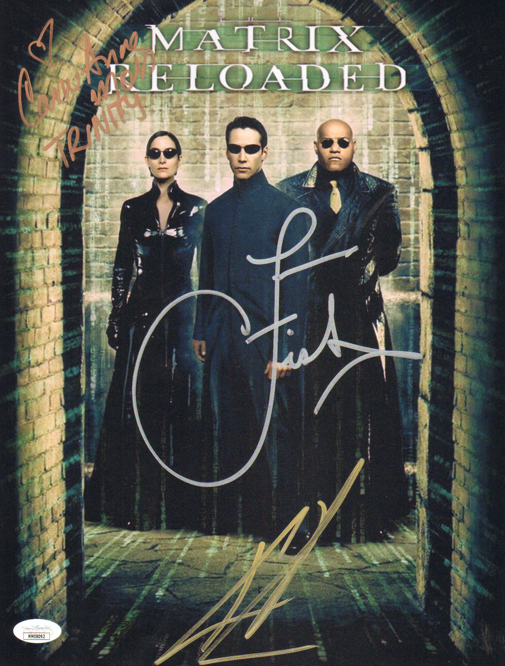 Keanu Reeves as Neo, Laurence Fishburne as Morpheus, & Carrie-Ann Moss as Trinity in Matrix Reloaded (JSA) Signed 11x14 Mini Poster with Character Name