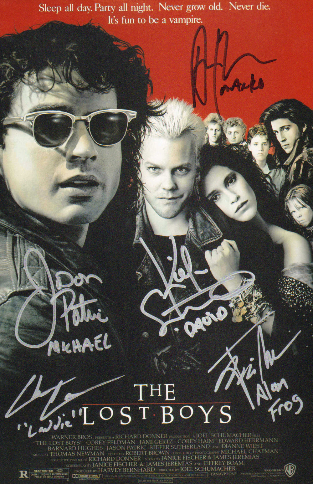 The Lost Boys 8x12 Mini Poster Cast Signed by Kiefer Sutherland, Jason Patric, Alex Winter, Jamison Newlander, & Chance Michael Corbitt with Character Names
