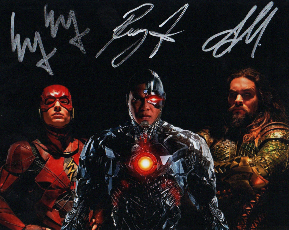 Justice League (Beckett) 8x10 Photo Signed by Ezra Miller, Jason Momoa, and Ray Fisher