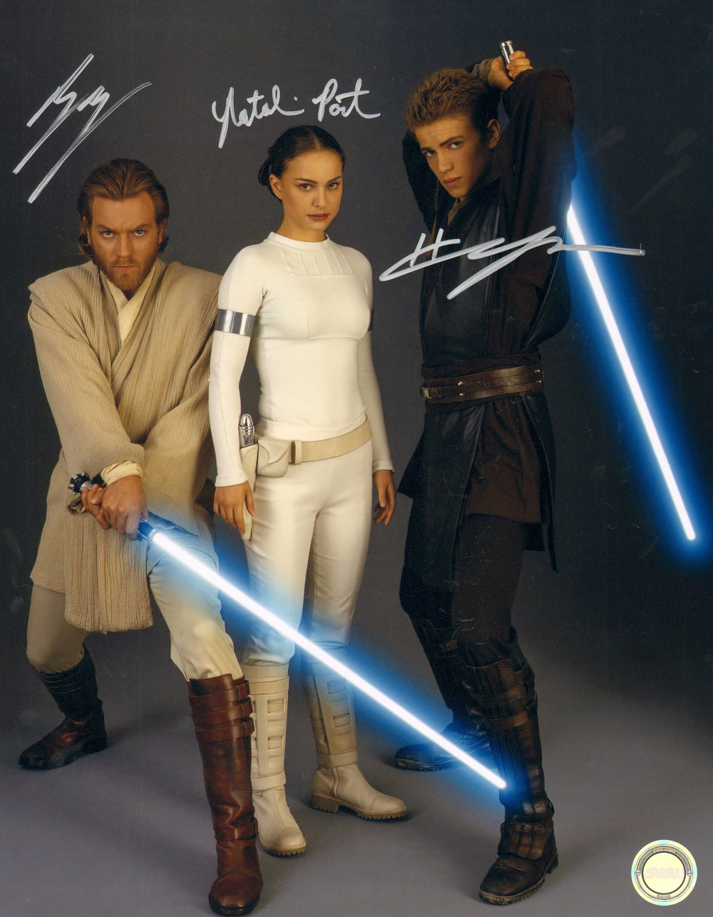 Ewan McGregor as Obi-Wan Kenobi, Natalie Portman as Padme Amidala, & Hayden Christensen as Anakin Skywalker in Star Wars Episode II: Attack of the Clones (SWAU) Signed 11x14 Photo