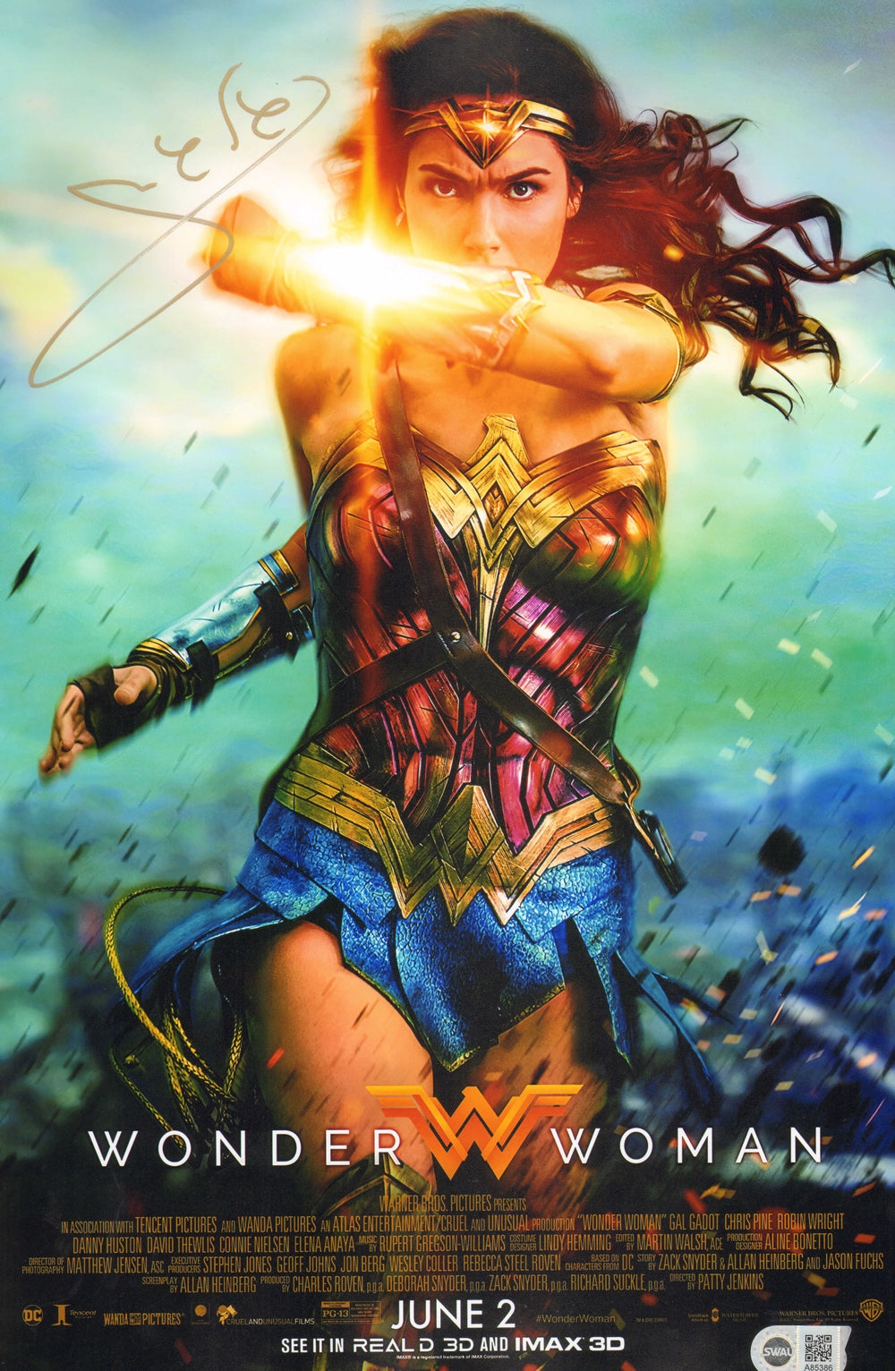Gal Gadot as Wonder Woman in Wonder Woman (SWAU) Signed 11x17 Mini Poster