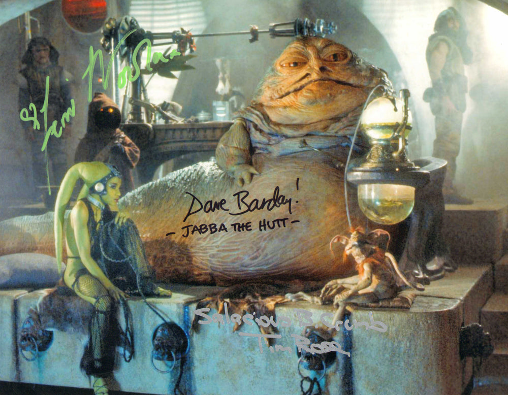 Dave Barclay as Jabba The Hutt, Femi Taylor as Oola, & Tim Rose as Salacious B. Crumb Star Wars: Return of the Jedi Jabba's Palace Signed 11x14 Photo with Character Names