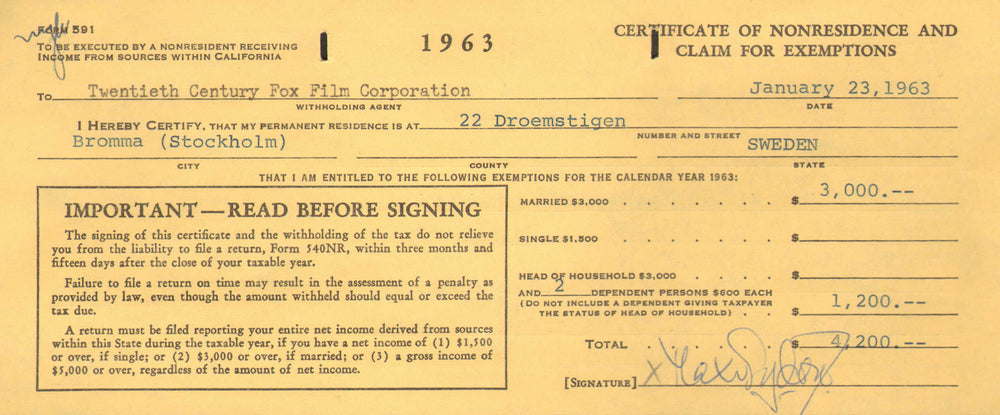 Max Von Sydow from Star Wars: The Force Awakens, Pelle the Conqueror, The Exorcist, The Seventh Seal, & Shutter Island Signed Document