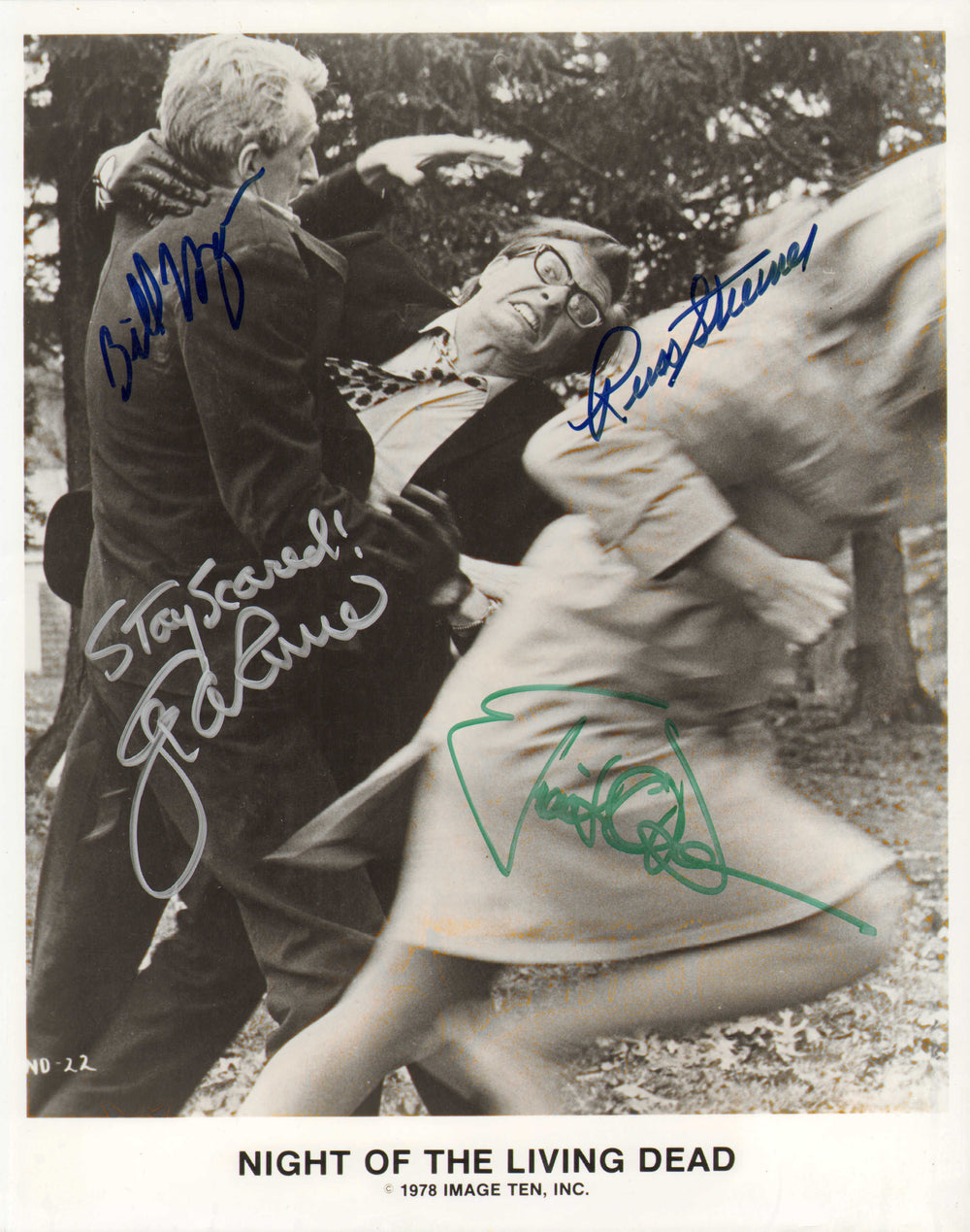 Night of the Living Dead 8x10 Photo cast signed by George Romero, Judith O'Dea, Russell Streiner, & Bill Hinzman