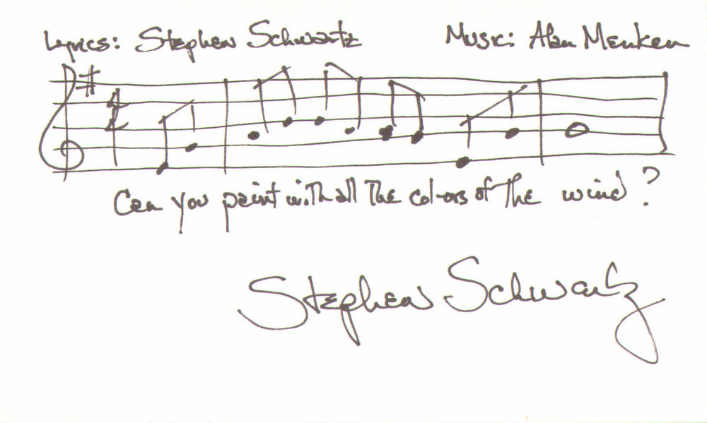 Stephen Schwartz Composer & Lyricist Signed 3x5 Index Card with AMQS Handwritten Musical Notes & Lyrics of Colors of the Wind from Pocahontas