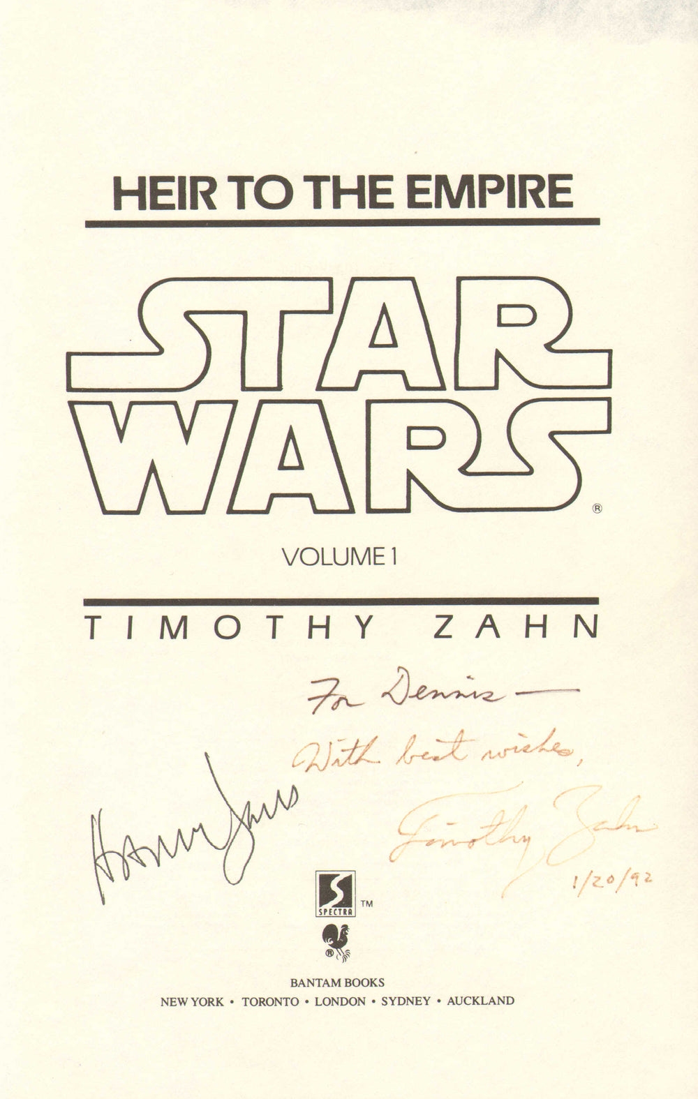 Harrison Ford as Han Solo & Timothy Zahn Author of Star Wars: Heir to the Empire Signed Book Page