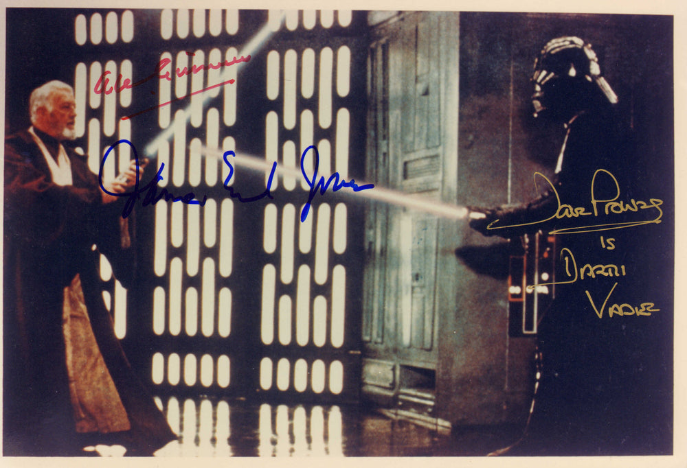 Alec Guinness as Obi-Wan Kenobi with James Earl Jones & Dave Prowse as Darth Vader in Star Wars: A New Hope Signed 7x10 Photo with Character Name