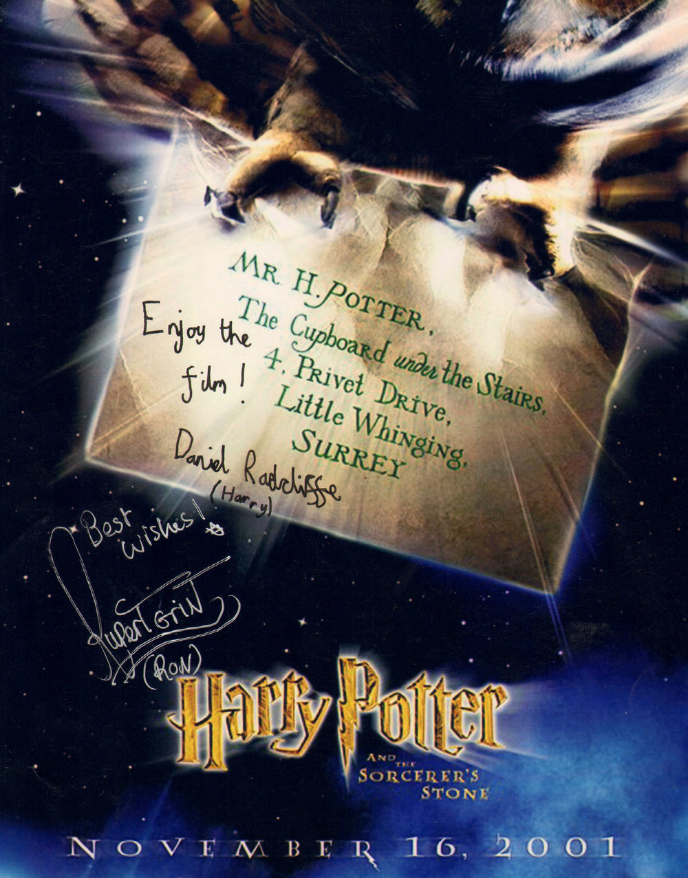 Daniel Radcliffe as Harry Potter & Rupert Grint as Ron Weasley in Harry Potter and the Sorcerer's Stone Signed 8x10 Photo with Character Names