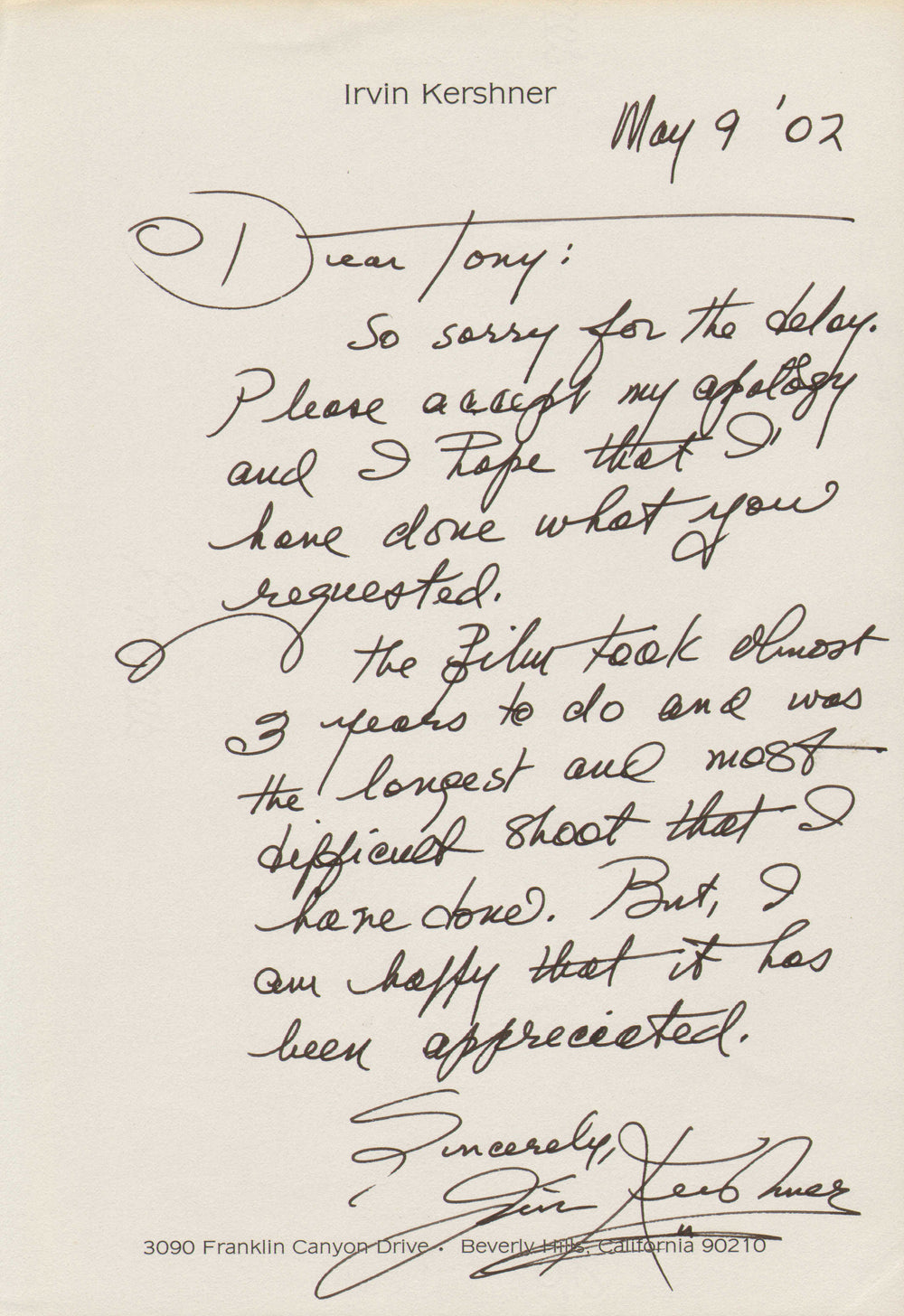 Irvin Kershner Director of Star Wars: The Empire Strikes Back Signed 7x10.5 Handwritten Letter